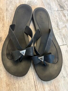 GUESS Black Bow Flip Flop Sandals with Crystal Triangle Accent